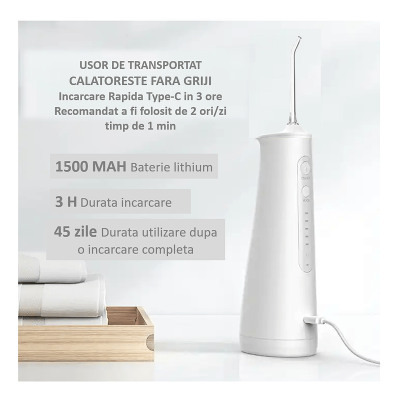 Ingrijire personala si Cosmetice - Igiena dentara - Irigatoare bucale - Irigator Oral Profesional pentru Dus Bucal, SINZO®, 5 Programe, portabil, Incarcare Type C, Ipx7, 8 Capete incluse - Infinity.ro