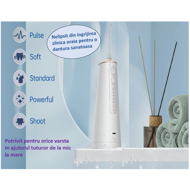 Ingrijire personala si Cosmetice - Igiena dentara - Irigatoare bucale - Irigator Oral Profesional pentru Dus Bucal, SINZO®, 5 Programe, portabil, Incarcare Type C, Ipx7, 8 Capete incluse - Infinity.ro