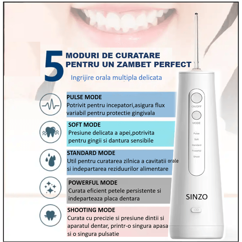 Ingrijire personala si Cosmetice - Igiena dentara - Irigatoare bucale - Irigator Oral Profesional pentru Dus Bucal, SINZO®, 5 Programe, portabil, Incarcare Type C, Ipx7, 8 Capete incluse - Infinity.ro