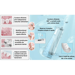 Irigator Oral Profesional pentru Dus Bucal, SINZO®, 5 Programe, portabil, Incarcare Type C, Ipx7, 8 Capete incluse