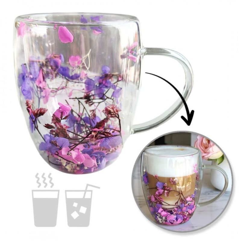 Casa si Gradina - Bucatarie si vesela - Cani si pahare - Cani si cesti - Cana termo, din sticla borosilicata, cu gypsophila, hortensii, trandafiri, 300 ml, pereti dubli, eCarla, SZK166 - Infinity.ro