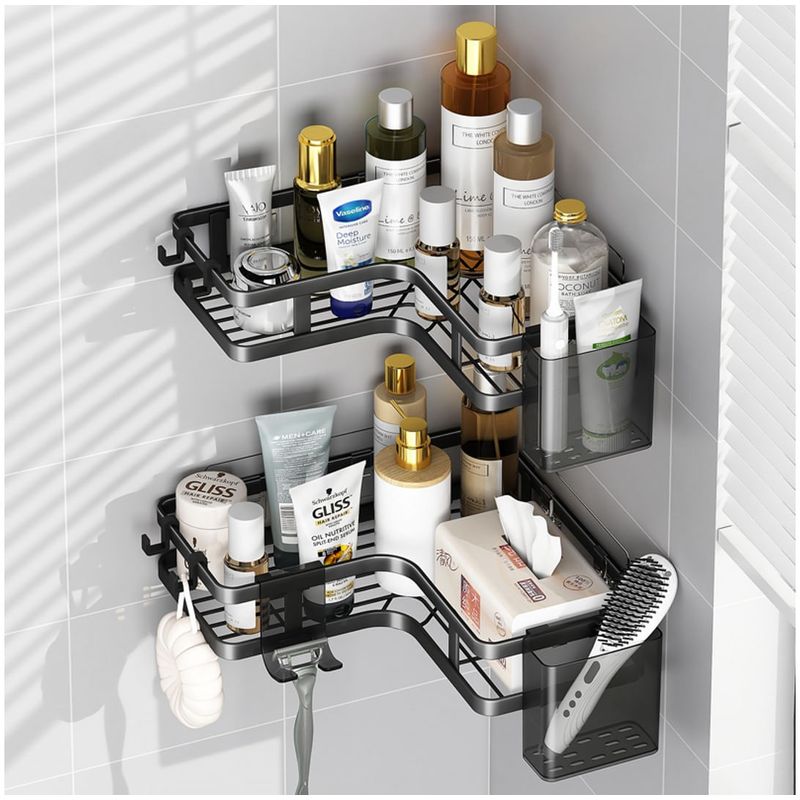 Casa si Gradina - Sanitare - Suporturi si accesorii baie - Suporturi baie - Raft de dus, Set cu 2 Etajere pe Colt Baie si Bucatarie, Sinzo®, Montarea usoara Fara Gauri, Design Modern, Negru - Infinity.ro
