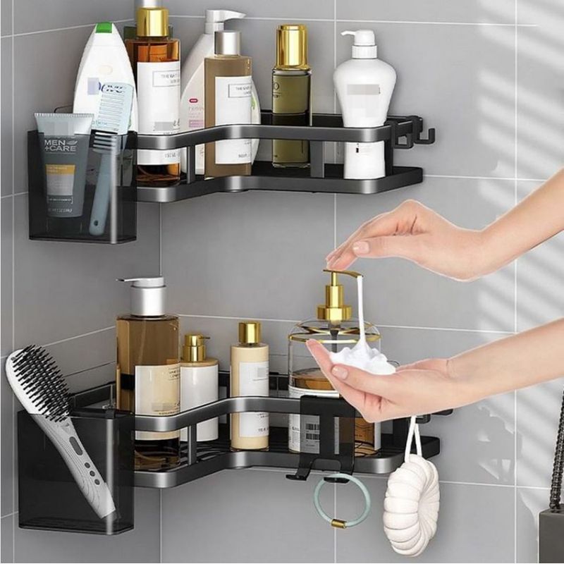 Casa si Gradina - Sanitare - Suporturi si accesorii baie - Suporturi baie - Raft de dus, Set cu 2 Etajere pe Colt Baie si Bucatarie, Sinzo®, Montarea usoara Fara Gauri, Design Modern, Negru - Infinity.ro