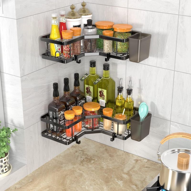 Casa si Gradina - Sanitare - Suporturi si accesorii baie - Suporturi baie - Raft de dus, Set cu 2 Etajere pe Colt Baie si Bucatarie, Sinzo®, Montarea usoara Fara Gauri, Design Modern, Negru - Infinity.ro
