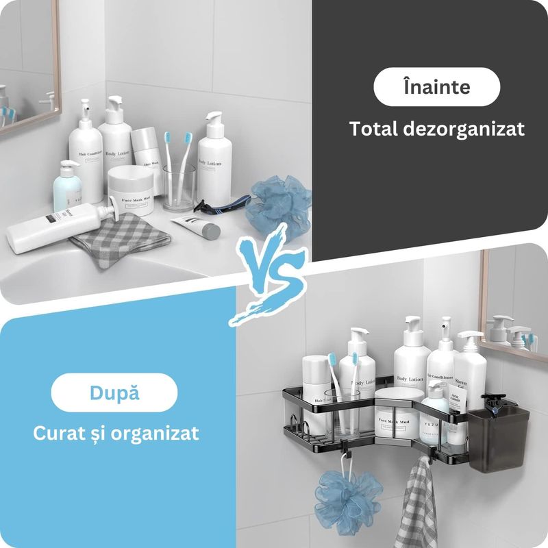Casa si Gradina - Sanitare - Suporturi si accesorii baie - Suporturi baie - Raft de dus, Set cu 2 Etajere pe Colt Baie si Bucatarie, Sinzo®, Montarea usoara Fara Gauri, Design Modern, Negru - Infinity.ro