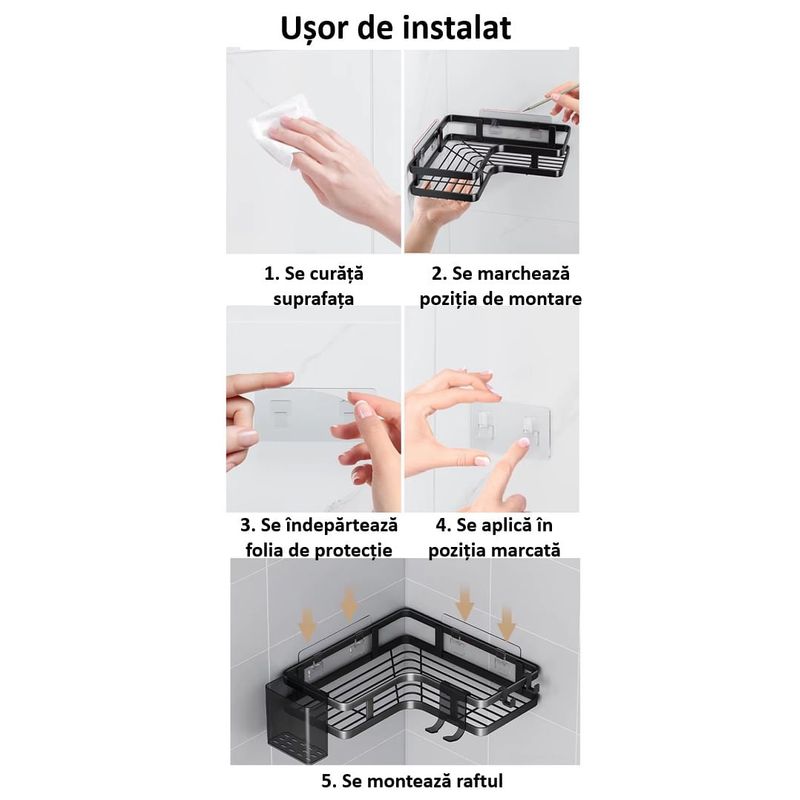 Casa si Gradina - Sanitare - Suporturi si accesorii baie - Suporturi baie - Raft de dus, Set cu 2 Etajere pe Colt Baie si Bucatarie, Sinzo®, Montarea usoara Fara Gauri, Design Modern, Negru - Infinity.ro