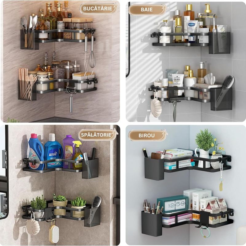Casa si Gradina - Sanitare - Suporturi si accesorii baie - Suporturi baie - Raft de dus, Set cu 2 Etajere pe Colt Baie si Bucatarie, Sinzo®, Montarea usoara Fara Gauri, Design Modern, Negru - Infinity.ro