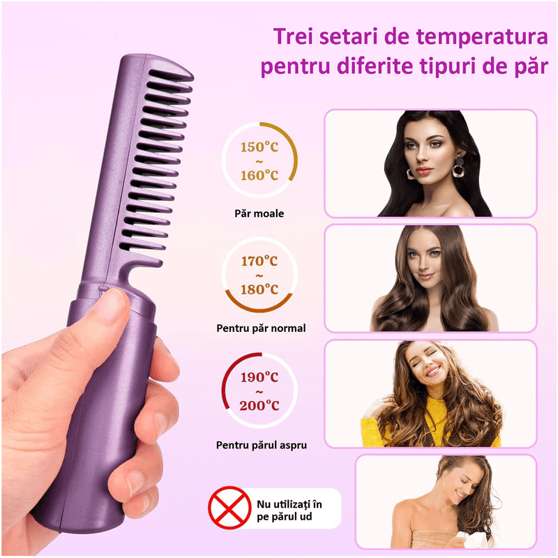 Ingrijire personala si Cosmetice - Ingrijire personala - Ingrijire par - Perii de par si piepteni - Mini Perie de Indreptat Parul, 3 Trepte de temperatura, Reincarcabila, Portabila, 2 in 1, Ceramica, Violet - Infinity.ro