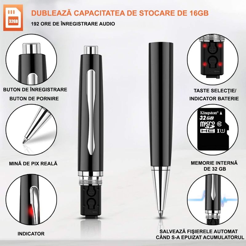 Laptop, Telefoane si Tablete - Wearables si gadgeturi - Gadgeturi - Dispozitive spionaj - Reportofon Spion Integrat In Pix, Memorie 32 GB Inclusa, Dispozitiv Spionaj Cu Activare Vocala, Eliminare Sunete Fundal - Infinity.ro