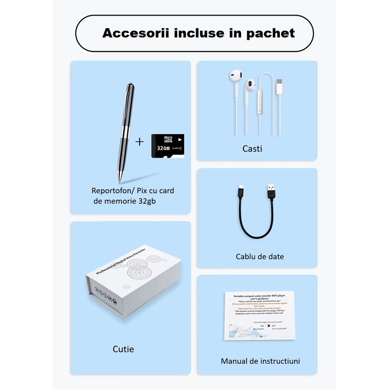 Laptop, Telefoane si Tablete - Wearables si gadgeturi - Gadgeturi - Dispozitive spionaj - Reportofon Spion Integrat In Pix, SINZO®, Memorie 32 GB Inclusa, Dispozitiv Spionaj Cu Activare Vocala, Redare MP3 - Infinity.ro