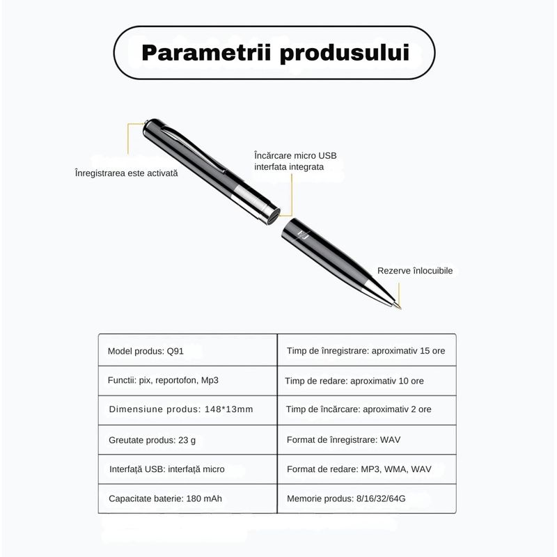 Laptop, Telefoane si Tablete - Wearables si gadgeturi - Gadgeturi - Dispozitive spionaj - Reportofon Spion Integrat In Pix, SINZO®, Memorie 32 GB Inclusa, Dispozitiv Spionaj Cu Activare Vocala, Redare MP3 - Infinity.ro