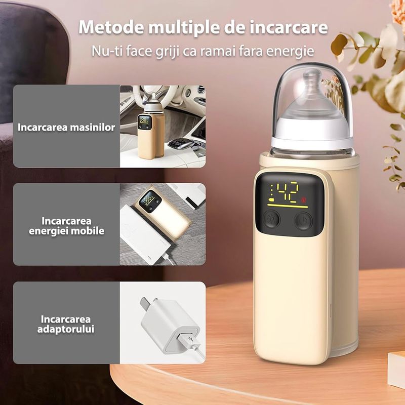 Jucarii, Copii si Bebe - Hrana si alaptare - Biberoane, suzete si accesorii hranire - Incalzitoare si termosuri bebe - Incalzitor Biberoane Portabil SINZO® Incarcare USB, Baterie 8000mAh, Control Termic 6 Trepte, Afisaj Digital - Infinity.ro