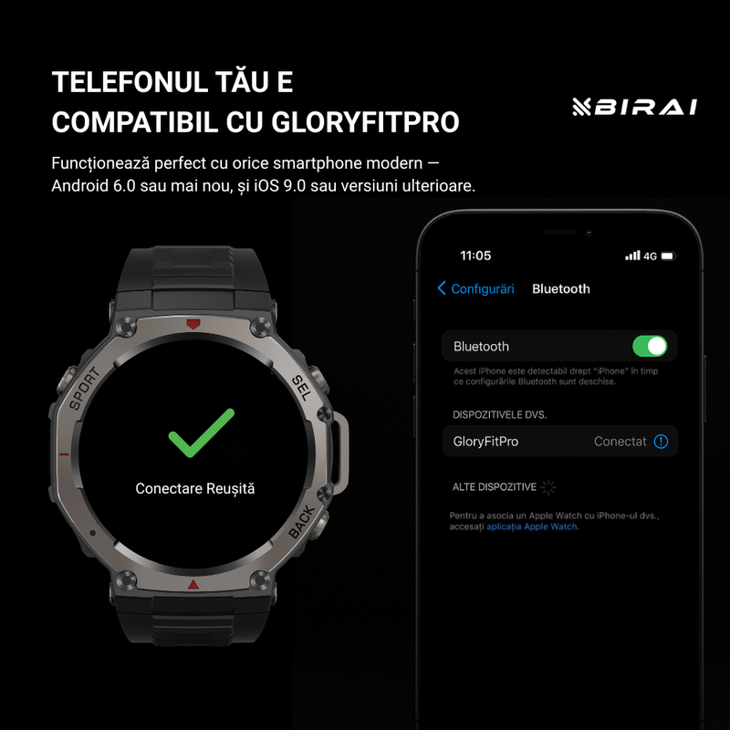Laptop, Telefoane si Tablete - Wearables si gadgeturi - Wearables - Smartwatch-uri - Smartwatch Barbati GloryFitPro BIRAI®, AMOLED 1.43″,GPS Precis, Apel Bluetooth, Fitness, Sport, 5ATM, Limba Romana,Negru - Infinity.ro