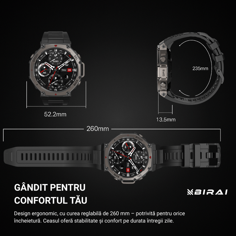 Laptop, Telefoane si Tablete - Wearables si gadgeturi - Wearables - Smartwatch-uri - Smartwatch Barbati GloryFitPro BIRAI®, AMOLED 1.43″,GPS Precis, Apel Bluetooth, Fitness, Sport, 5ATM, Limba Romana,Negru - Infinity.ro