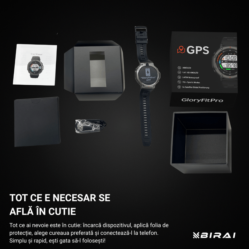 Laptop, Telefoane si Tablete - Wearables si gadgeturi - Wearables - Smartwatch-uri - Smartwatch Barbati GloryFitPro BIRAI®, AMOLED 1.43″,GPS Precis, Apel Bluetooth, Fitness, Sport, 5ATM, Limba Romana,Negru - Infinity.ro