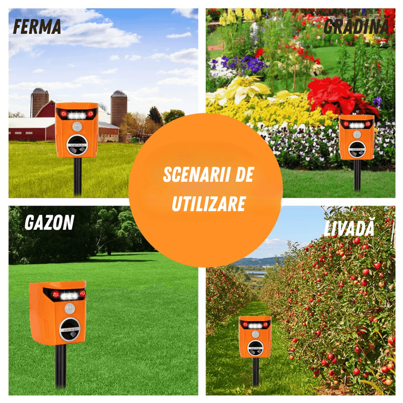 Casa si Gradina - Gradinarit si plante - Intretinere gradina - Articole daunatori gradina - Aparat ultrasunete anti-animale BIRAI AR01, solar, senzor miscare 110°, LED, 2 moduri, curte si gradina, Portocaliu - Infinity.ro