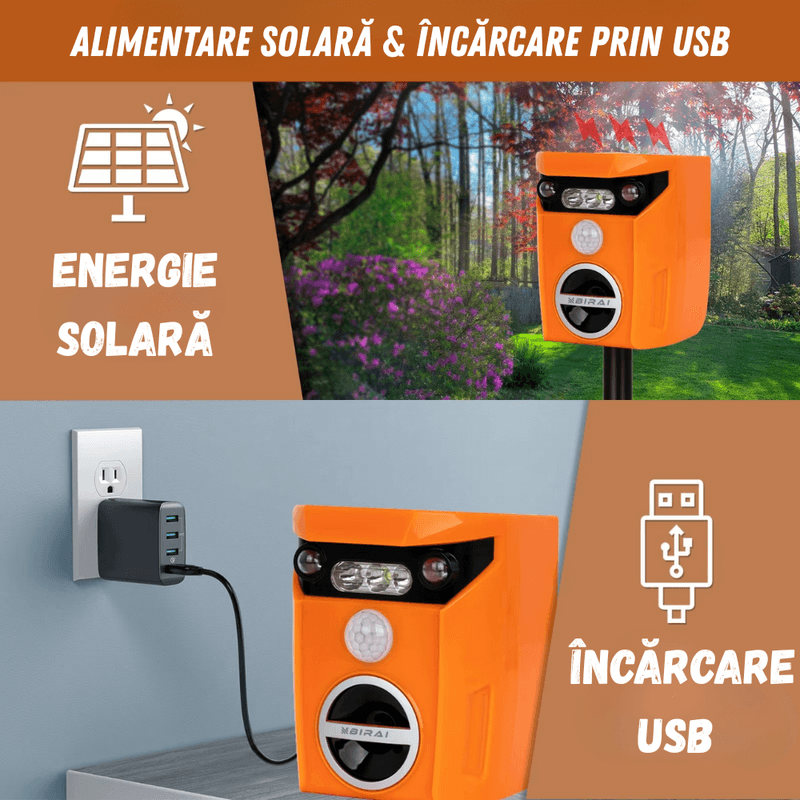 Casa si Gradina - Gradinarit si plante - Intretinere gradina - Articole daunatori gradina - Aparat ultrasunete anti-animale BIRAI AR01, solar, senzor miscare 110°, LED, 2 moduri, curte si gradina, Portocaliu - Infinity.ro