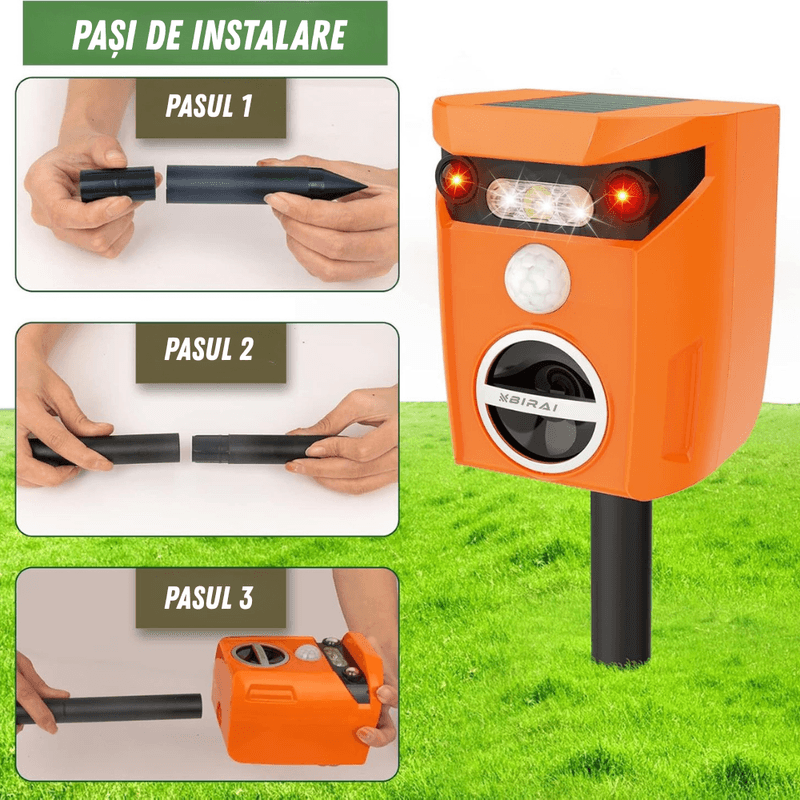 Casa si Gradina - Gradinarit si plante - Intretinere gradina - Articole daunatori gradina - Aparat ultrasunete anti-animale BIRAI AR01, solar, senzor miscare 110°, LED, 2 moduri, curte si gradina, Portocaliu - Infinity.ro