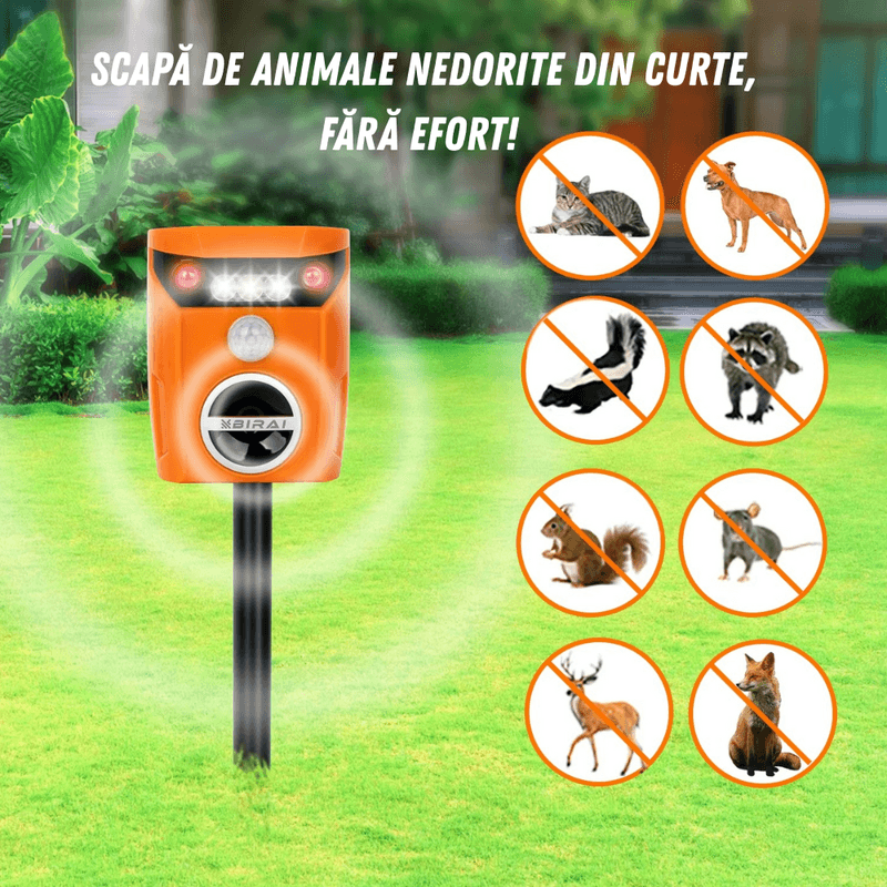 Casa si Gradina - Gradinarit si plante - Intretinere gradina - Articole daunatori gradina - Aparat ultrasunete anti-animale BIRAI AR01, solar, senzor miscare 110°, LED, 2 moduri, curte si gradina, Portocaliu - Infinity.ro