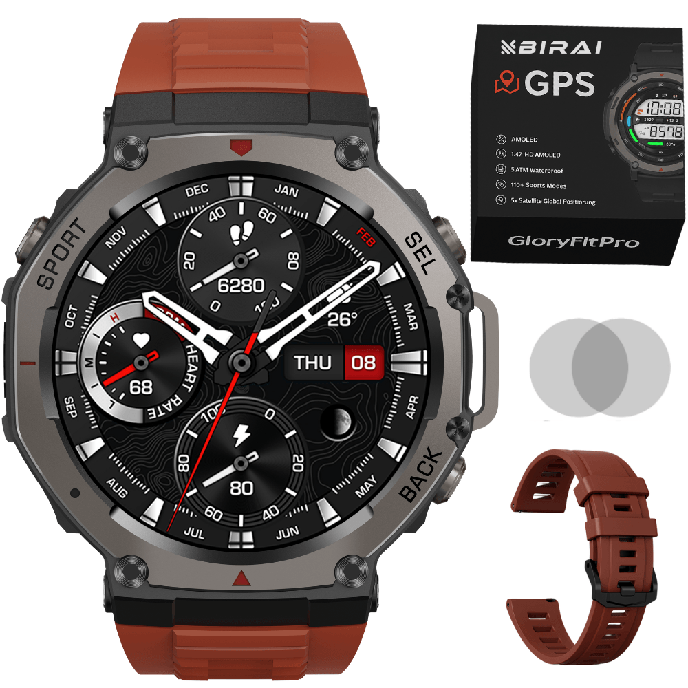Smartwatch Barbati GloryFitPro BIRAI®, AMOLED 1.43″,GPS Precis, Apel Bluetooth, Fitness, Sport, 5ATM, Limba Romana, Rosu