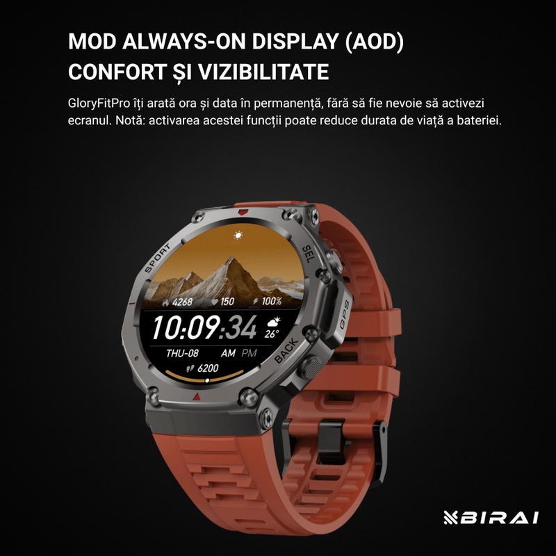 Laptop, Telefoane si Tablete - Wearables si gadgeturi - Wearables - Smartwatch-uri - Smartwatch Barbati GloryFitPro BIRAI®, AMOLED 1.43″,GPS Precis, Apel Bluetooth, Fitness, Sport, 5ATM, Limba Romana, Rosu - Infinity.ro
