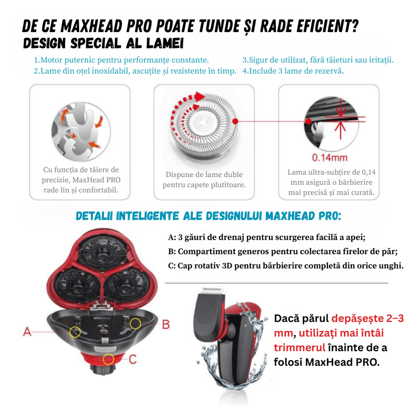 Ingrijire personala si Cosmetice - Aparate & accesorii ingrijire personala - Aparate de ras si tuns - Aparate de tuns - Masina de tuns si aparat de ras BIRAI MaxHead PRO, 2 in 1, trimmer & shaver, autonomie 45 min, IPX4, negru - Infinity.ro