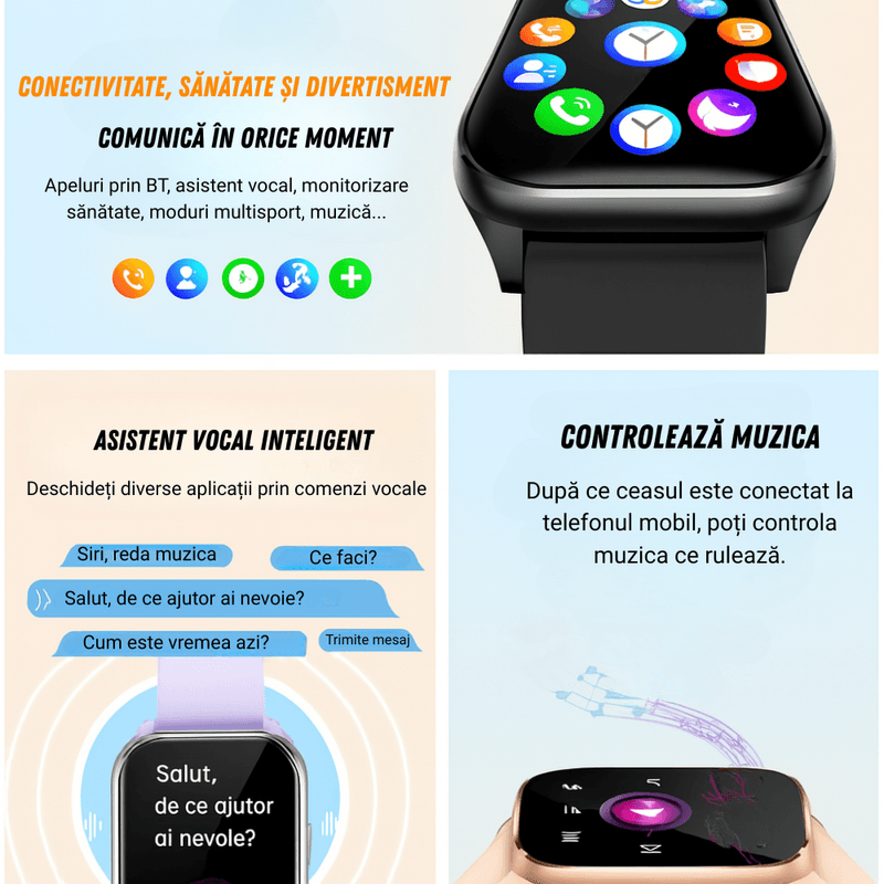 Laptop, Telefoane si Tablete - Wearables si gadgeturi - Wearables - Smartwatch-uri - Smartwatch dama VortexIQ BIRAI®, ecran 1.85″ TFT, apel Bluetooth, fitness, sport, rezistent apa 3ATM, Negru - Infinity.ro