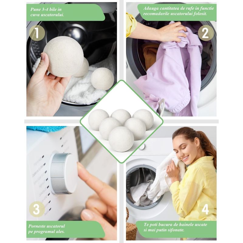 Electronice si Electrocasnice - Masini si uscatoare de rufe - Accesorii masini de spalat si uscatoare - Set 6 Bile din Lana 100% pentru Uscator, Reutilizabil, Reduc Cutele de Imbracaminte, Economiseste Timpul de Uscare - Infinity.ro