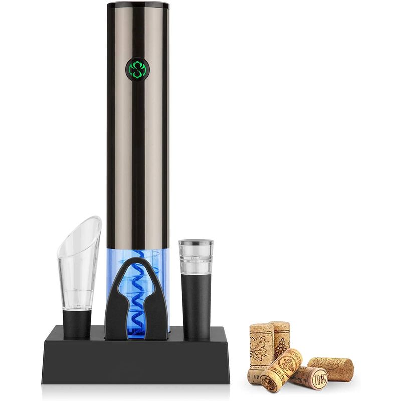 Casa si Gradina - Bucatarie si vesela - Accesorii bar - Tirbusoane si dopuri - Tirbuson Electric pentru Vin, cu Baza Reincarcabila, Accesoriu Taiat Folie, Aerator, Dop Pompa Vid, 4 Acumulatori - Infinity.ro