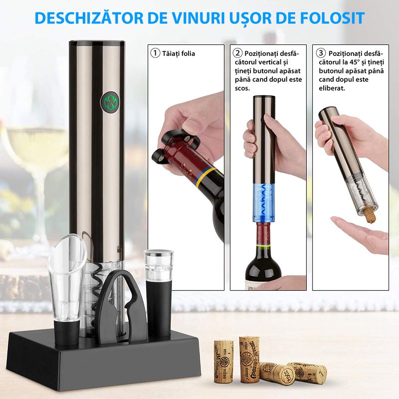 Casa si Gradina - Bucatarie si vesela - Accesorii bar - Tirbusoane si dopuri - Tirbuson Electric pentru Vin, cu Baza Reincarcabila, Accesoriu Taiat Folie, Aerator, Dop Pompa Vid, 4 Acumulatori - Infinity.ro