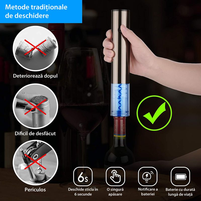 Casa si Gradina - Bucatarie si vesela - Accesorii bar - Tirbusoane si dopuri - Tirbuson Electric pentru Vin, cu Baza Reincarcabila, Accesoriu Taiat Folie, Aerator, Dop Pompa Vid, 4 Acumulatori - Infinity.ro