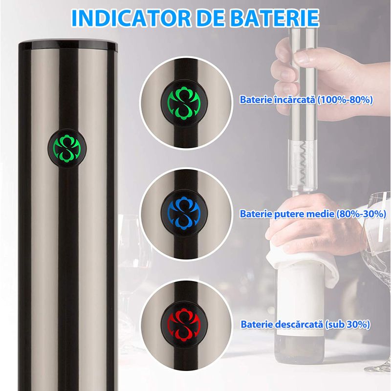 Casa si Gradina - Bucatarie si vesela - Accesorii bar - Tirbusoane si dopuri - Tirbuson Electric pentru Vin, cu Baza Reincarcabila, Accesoriu Taiat Folie, Aerator, Dop Pompa Vid, 4 Acumulatori - Infinity.ro