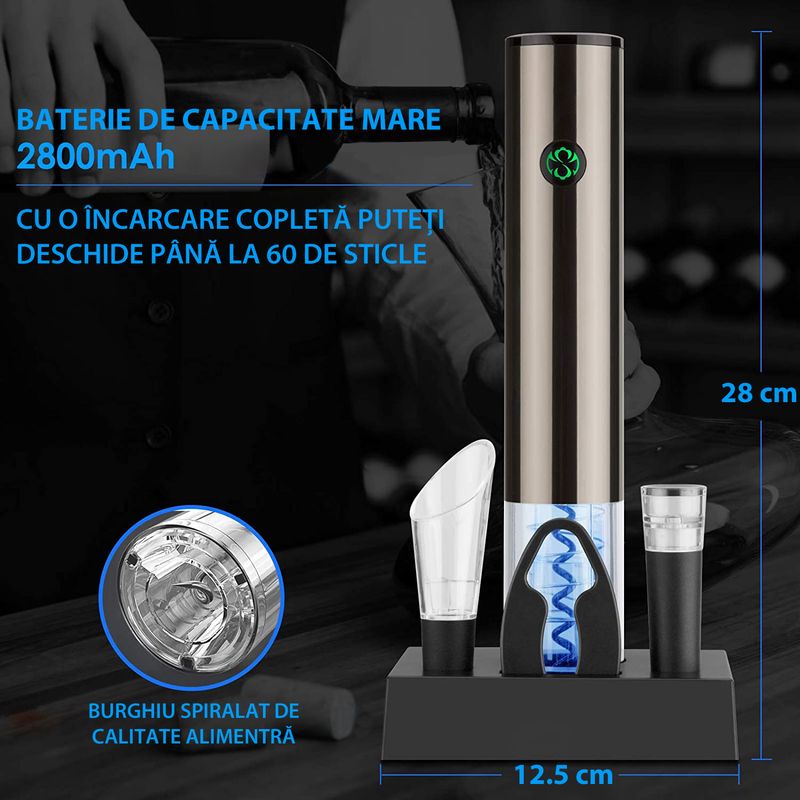 Casa si Gradina - Bucatarie si vesela - Accesorii bar - Tirbusoane si dopuri - Tirbuson Electric pentru Vin, cu Baza Reincarcabila, Accesoriu Taiat Folie, Aerator, Dop Pompa Vid, 4 Acumulatori - Infinity.ro