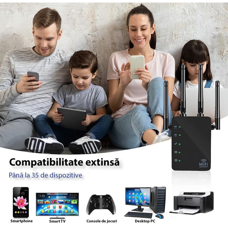 PC, gaming si accesorii - Retelistica - Wireless - Adaptoare wireless - Amplificator Semnal Wireless, LittleDomi, Trasnfer pana la 1200Mbps, Dual-Band 2.4G-5G, Conexiune WPA/WPA2, 4 Antene cu - Infinity.ro