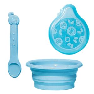 Castron diversificare, pliabil cu lingurita si cutie de protectie, pentru copii, 0%BPA, silicon, Albastru