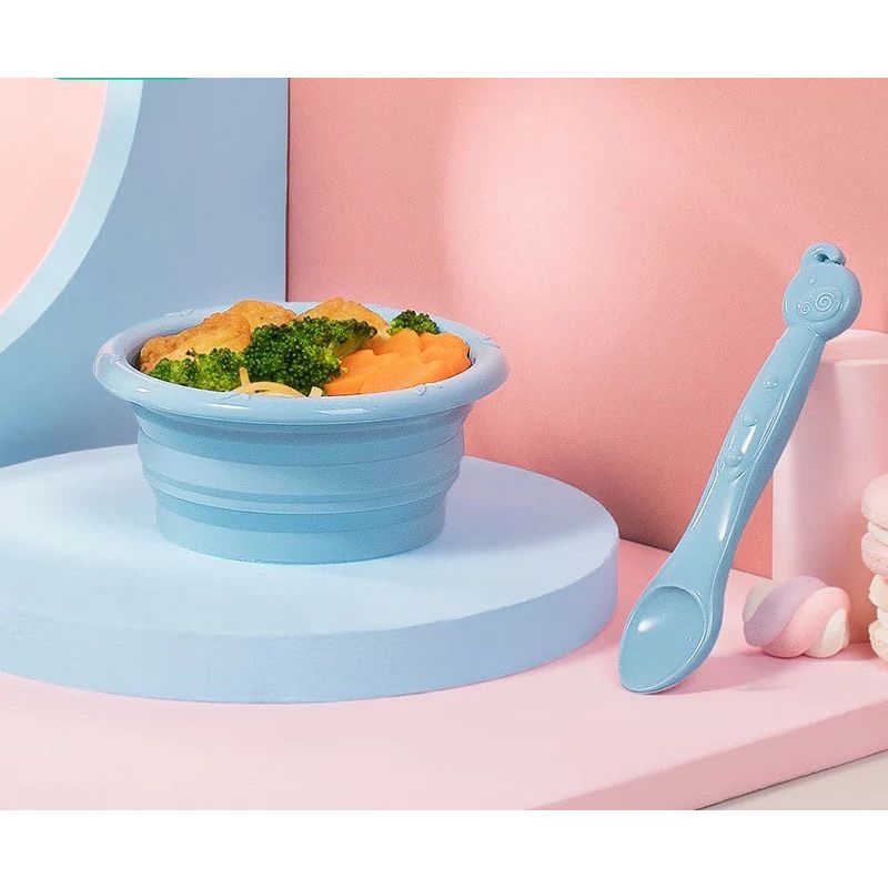 Jucarii, Copii si Bebe - Hrana si alaptare - Biberoane, suzete si accesorii hranire - Articole hranire bebelusi - Castron diversificare, pliabil cu lingurita si cutie de protectie, pentru copii, 0%BPA, silicon, Albastru - Infinity.ro