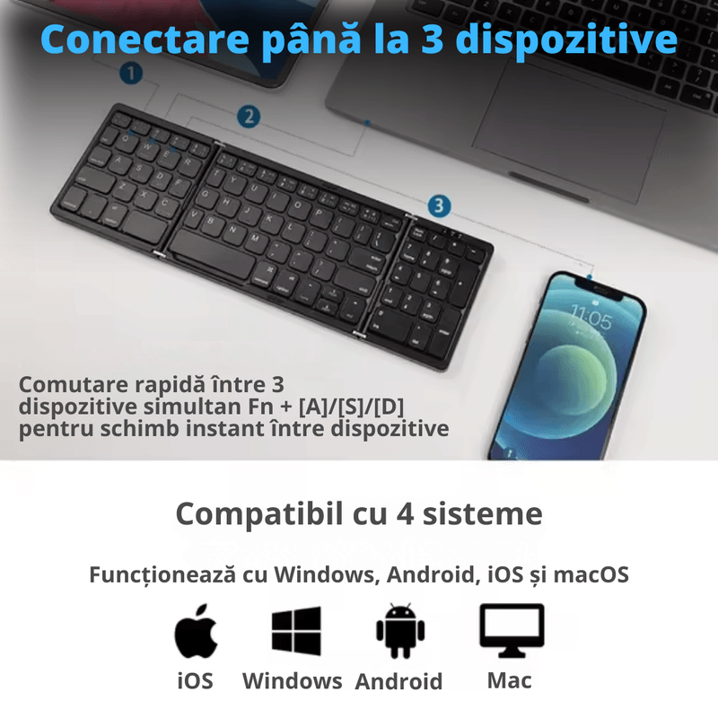 PC, gaming si accesorii - Periferice PC - Tastaturi - Tastatura wireless pliabila, universala, tri-fold, cu mouse wireless cadou,  Bluetooth multi-device 3 conexiuni - Infinity.ro