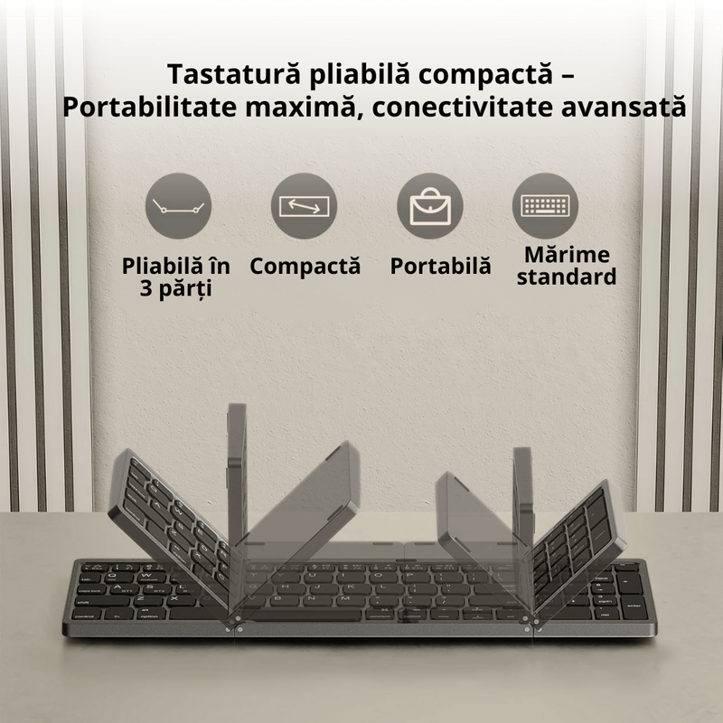 PC, gaming si accesorii - Periferice PC - Tastaturi - Tastatura wireless pliabila, universala, tri-fold, cu mouse wireless cadou,  Bluetooth multi-device 3 conexiuni - Infinity.ro