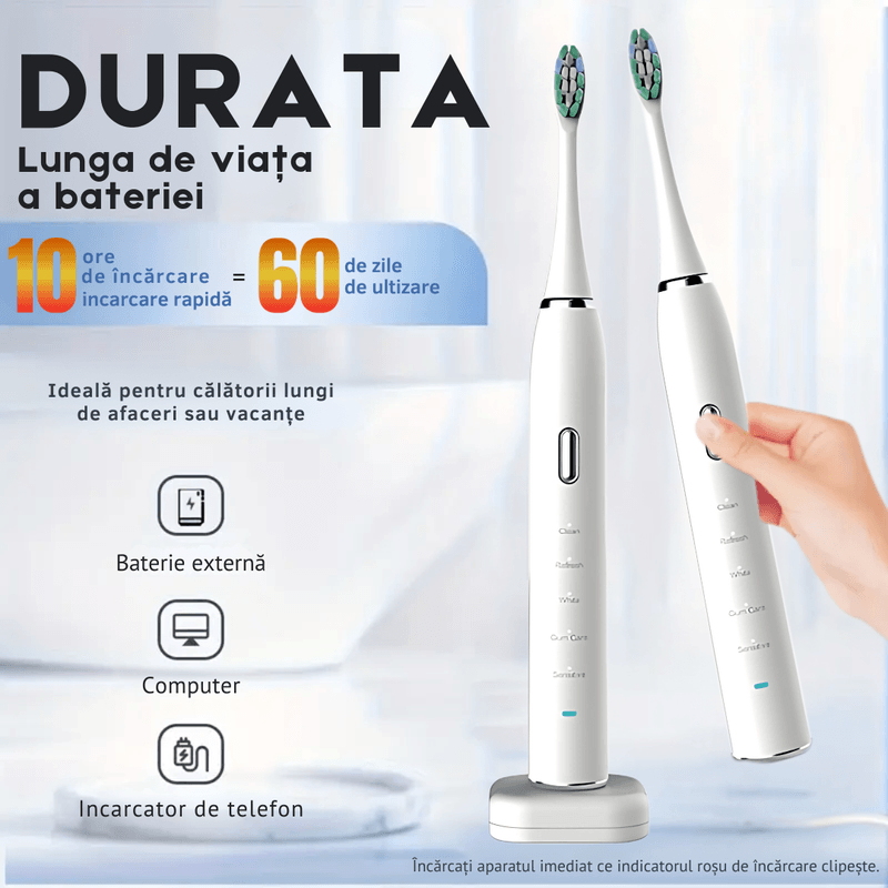 Ingrijire personala si Cosmetice - Igiena dentara - Periute de dinti electrice - Periuta de dinti electrica, sonica, 45.000 vibratii/min, 5 moduri, autonomie 90 zile, IPX7, Alb, A ATAB - Infinity.ro