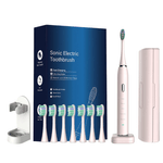 Ingrijire personala si Cosmetice - Igiena dentara - Periute de dinti electrice - Periuta de dinti electrica, sonica, 5 moduri, IPX7, 4 capete+4 cadou, husa calatorie, Roz - Infinity.ro
