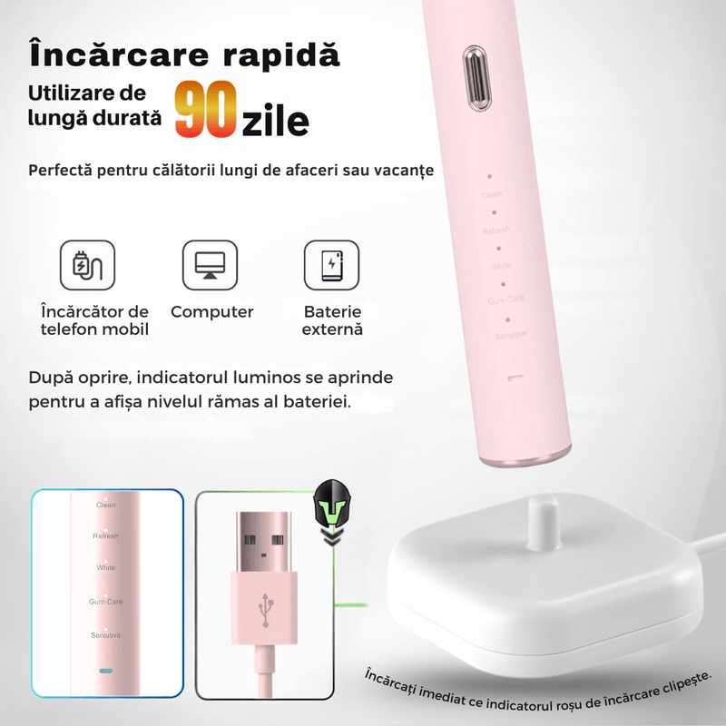 Ingrijire personala si Cosmetice - Igiena dentara - Periute de dinti electrice - Periuta de dinti electrica, sonica, 5 moduri, IPX7, 4 capete+4 cadou, husa calatorie, Roz - Infinity.ro
