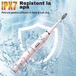 Ingrijire personala si Cosmetice - Igiena dentara - Periute de dinti electrice - Periuta de dinti electrica, sonica, 5 moduri, IPX7, 4 capete+4 cadou, husa calatorie, Roz - Infinity.ro
