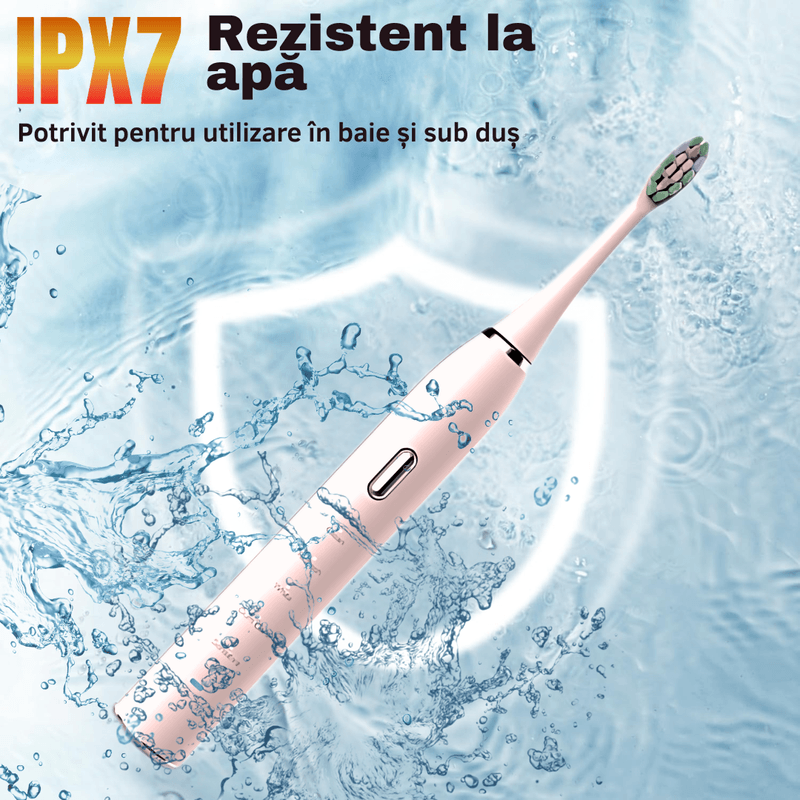 Ingrijire personala si Cosmetice - Igiena dentara - Periute de dinti electrice - Periuta de dinti electrica, sonica, 5 moduri, IPX7, 4 capete+4 cadou, husa calatorie, Roz - Infinity.ro