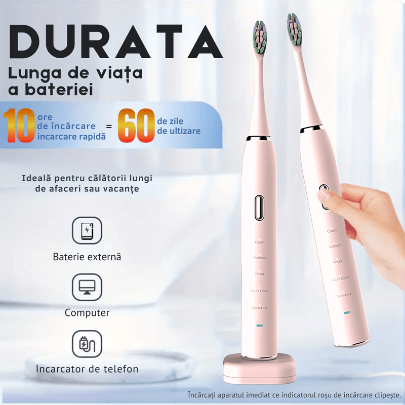 Ingrijire personala si Cosmetice - Igiena dentara - Periute de dinti electrice - Periuta de dinti electrica, sonica, 5 moduri, IPX7, 4 capete+4 cadou, husa calatorie, Roz - Infinity.ro