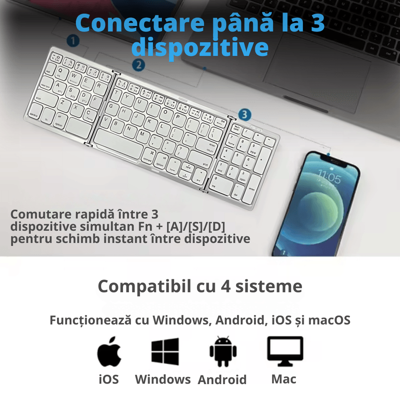 PC, gaming si accesorii - Periferice PC - Tastaturi - Tastatura wireless pliabila, universala, tri-fold, cu mouse wireless cadou,  Bluetooth multi-device 3 conexiuni - Infinity.ro
