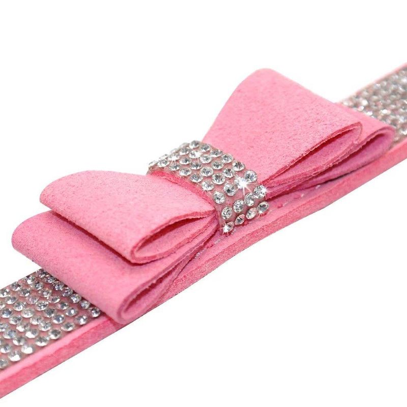 Petshop - Accesorii petshop - Zgarzi, lese si hamuri - Zgarzi - Set lesa si zgarda reglabila cu pietricele semipretioase si fundita, din piele, pentru caini/catei, pisici, XS - Infinity.ro