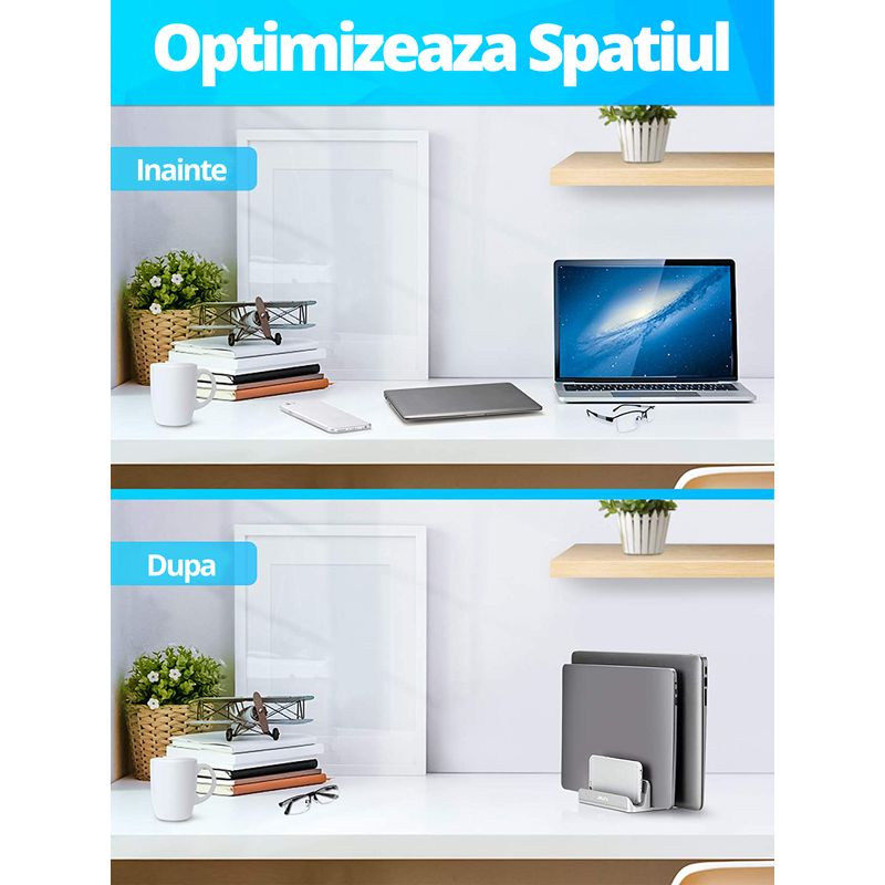 Laptop, Telefoane si Tablete - Laptopuri si accesorii - Accesorii Laptop - Standuri/Coolere notebook - Suport/Stand Vertical Dublu cu Inclinare, LittleDomi, pentru Laptop, Telefon, Tableta, Ajustabil, Protectie Aluminiu - Infinity.ro