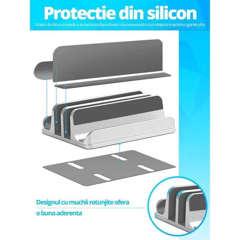 Laptop, Telefoane si Tablete - Laptopuri si accesorii - Accesorii Laptop - Standuri/Coolere notebook - Suport/Stand Vertical Dublu cu Inclinare, LittleDomi, pentru Laptop, Telefon, Tableta, Ajustabil, Protectie Aluminiu - Infinity.ro