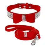 Petshop - Accesorii petshop - Zgarzi, lese si hamuri - Zgarzi - Set lesa si zgarda reglabila cu pietricele semipretioase si fundita, din piele, pentru caini/catei, pisici, S - Infinity.ro