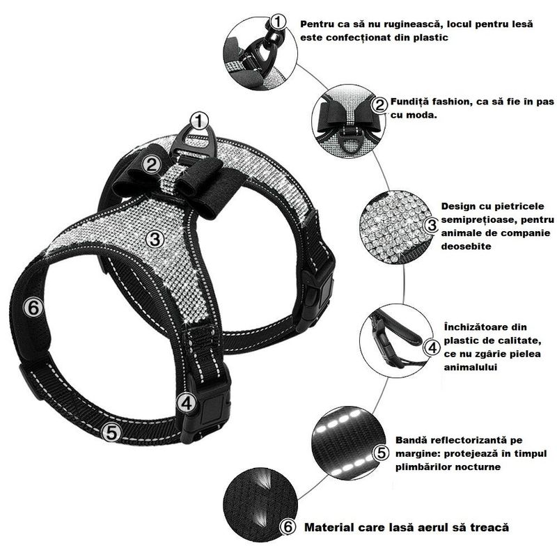 Petshop - Accesorii petshop - Zgarzi, lese si hamuri - Zgarzi - Zgarda ham tip bijuterie cu pietricele si fundita, pentru caini mici/catei, pisici sau alte animale, M - Infinity.ro